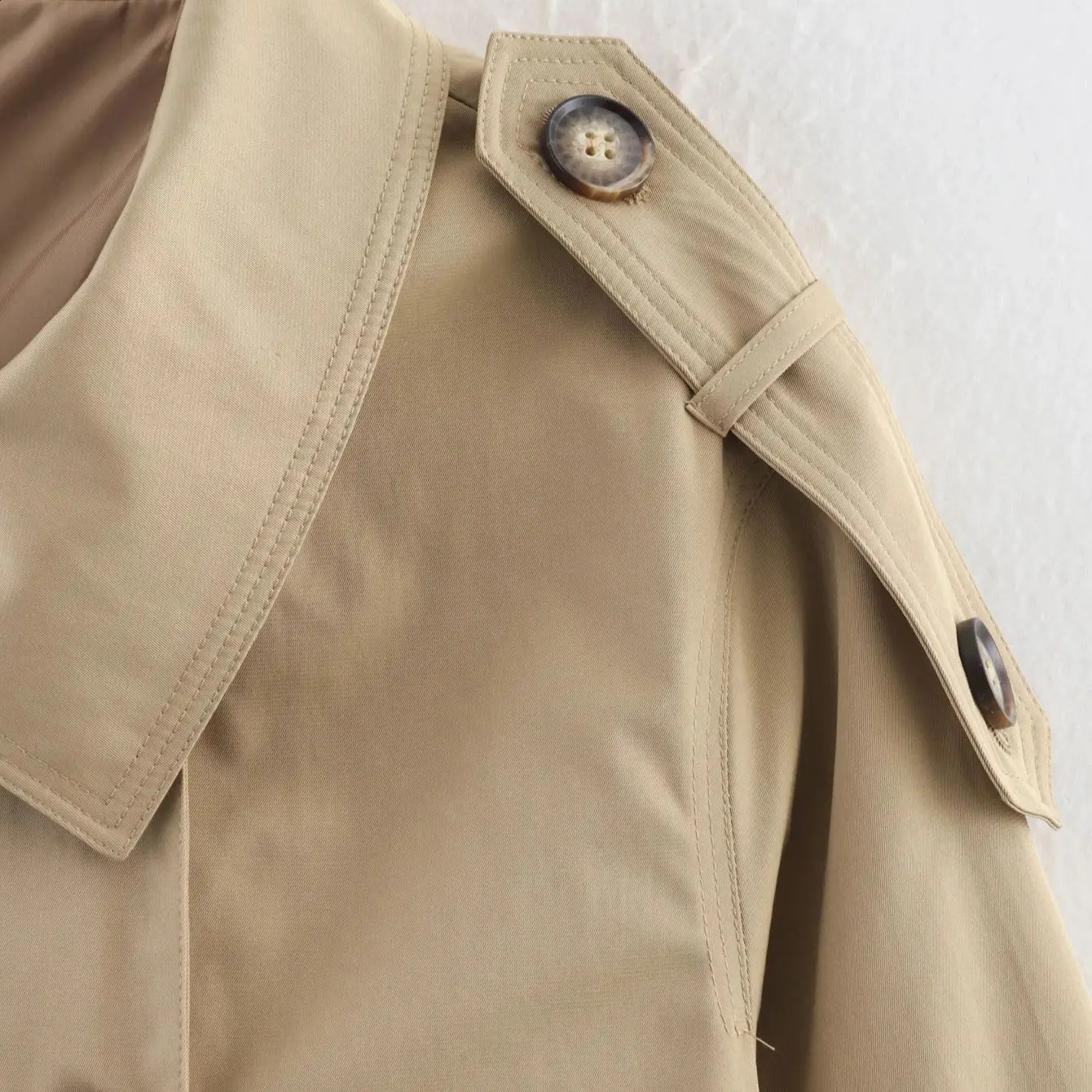 Khaki Trench Coat Women Double Breasted Jacket Woman Stand Collar Full Sleeve Pocket Autumn Casual Loose Outerwears Lady 251013