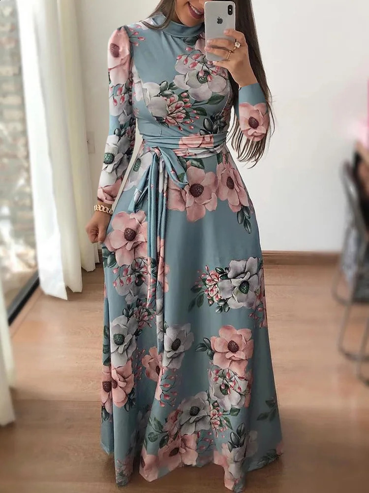 Womens Slim Dresses Casual Long Sleeve Round Neck Flower Printed Dress Strap FloorLength Skirt Clothing 251022