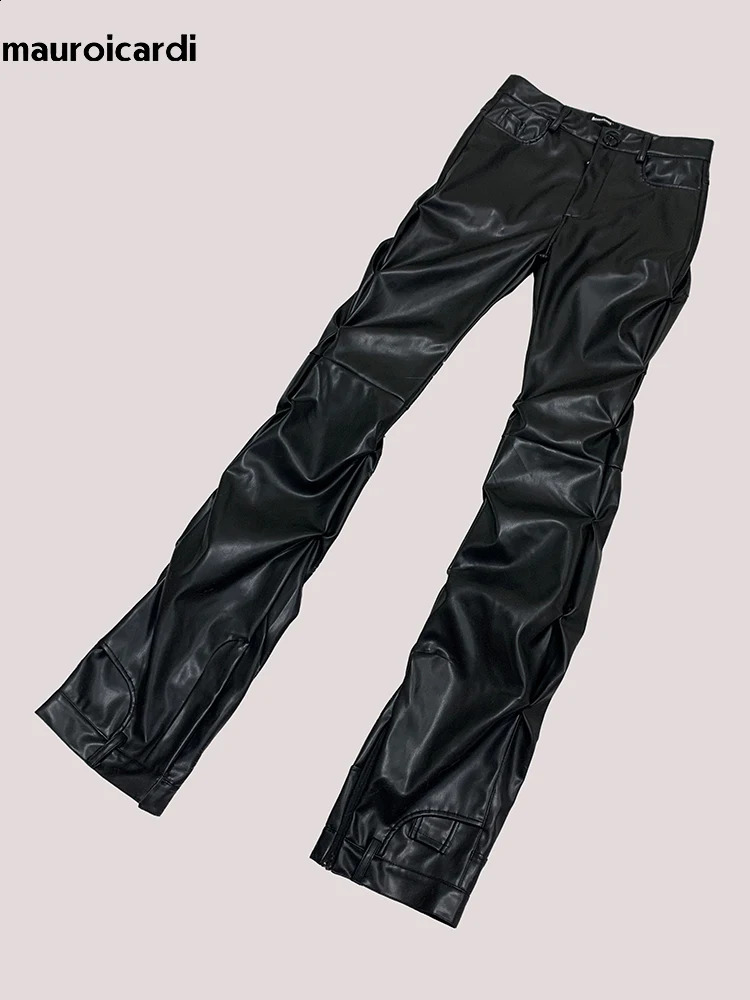 Mauroicardi Spring Long Fitted Ruched Skinny Soft Matte Black Pu Leather Stacked Pants Men y ner Punk Style Clothing 251023