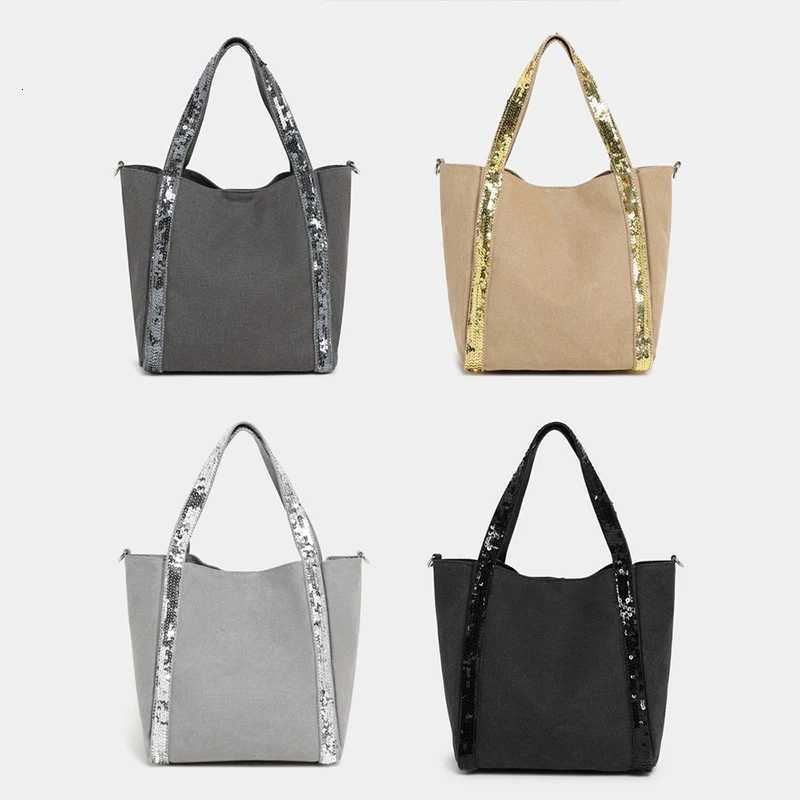 Sequin Canvas Zipped Tote BagLarge Capacity Vintage Contrast Color Women Shoulder BagDesigner Commuter Everyday HandbagBlackL251023