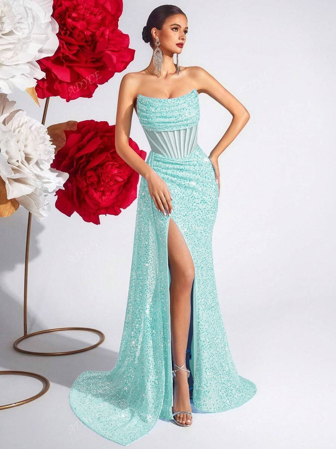 Women's Mememe Brand Sequin Evening Dress with Side Slit & Sheer Mesh, Glamorous Elegant Formal Gown (S-XL, Black/Rose Red/Red/Cyan)-D376