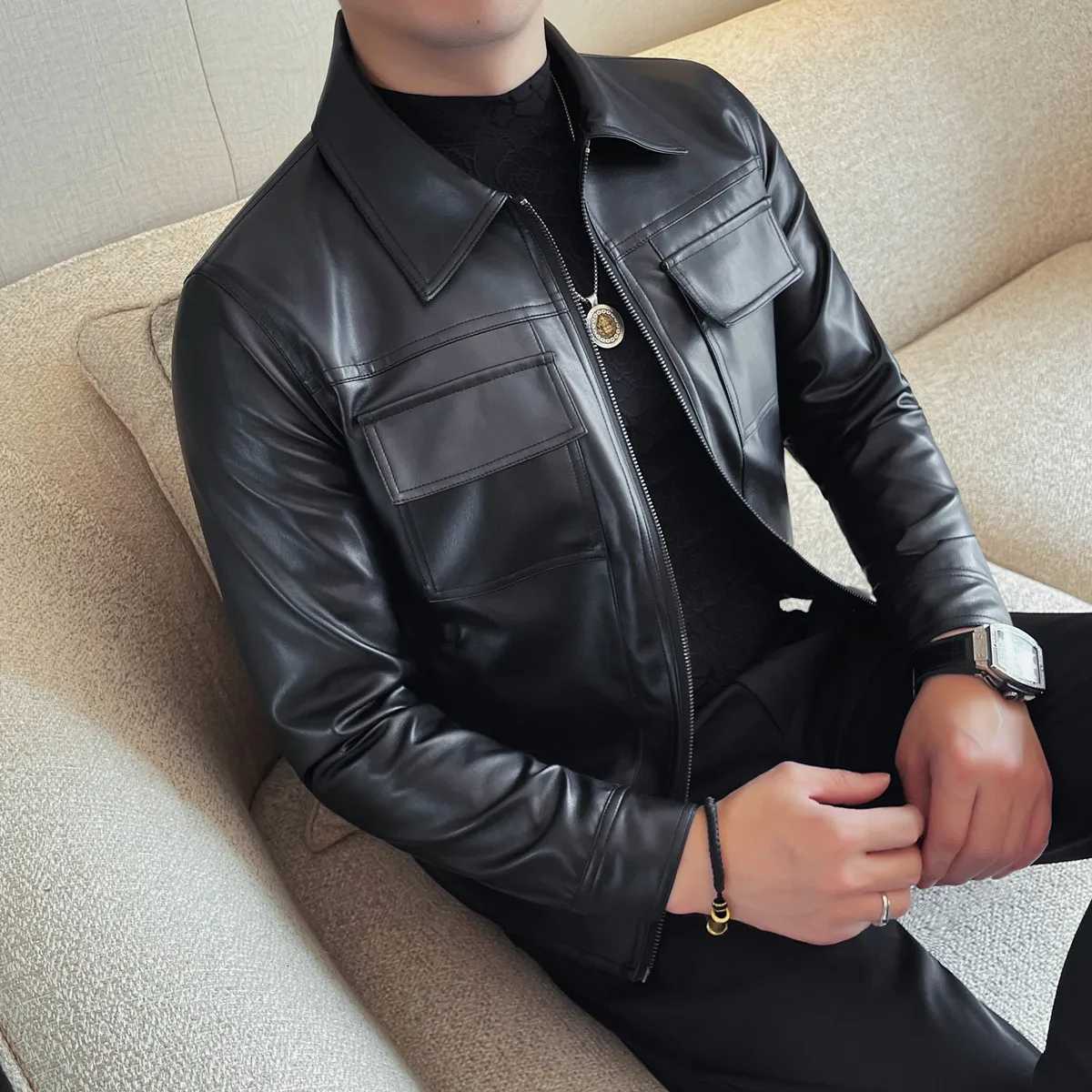 Black PU Leather Jackets Men Clothing 2025 Fashion Turn Down Collar Slim Fit Mens Casual Motorcycle Jacket Long Sleeve Coat Man W251023