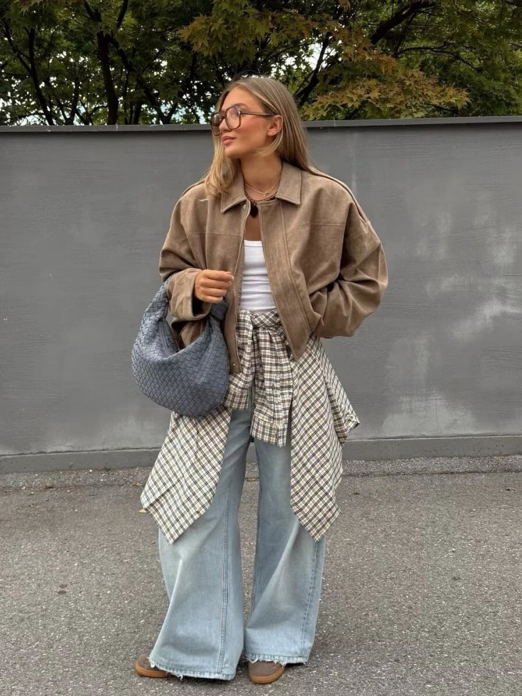 Winter Fashion Khaki Loose Suede Jacket Women Casual Turndown Collar Zipup Thick Coat 2025 Outerwear Streetwear 251018