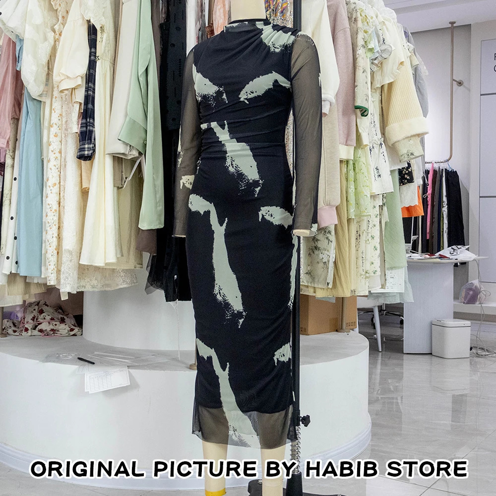 Women Print Tulle Bodycon Slim Dress Fashion Mesh Midi Long Sleeve Vintage Elegant Dresses Cowl Neck Black 251022