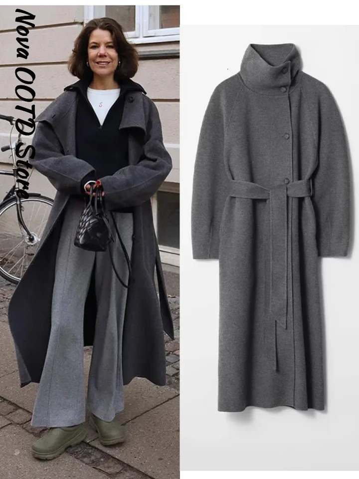 Elegant Solid Lace Up Long Woolen Coat Women Stand Collar Single Breasted Retro Coats Autumn Winter Lady Allmatch Outwears 251020