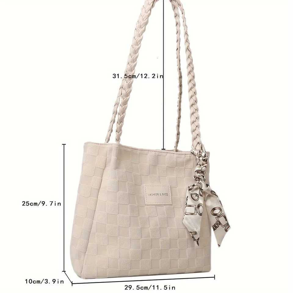Casual Plaid Pattern Womens Tote Bag Solid Color All Match Commuter Handbag Shoulder Bag with Scarf DecorL251023