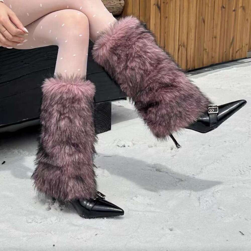 2025 Autumn Fashion Belt Buckle Thin Designer Shoe Heel High Tube Slim Furry Knight Over-the-Knee Straight Warm Women's Boots