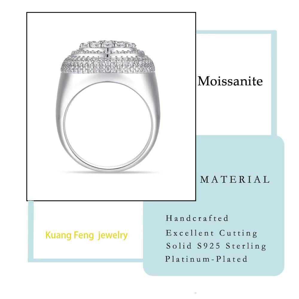 Mens Womens 925 Silver Platinum Plated Full Iced out Moissanite round Ring Hip Hop Style Statement Jewelry Accessory