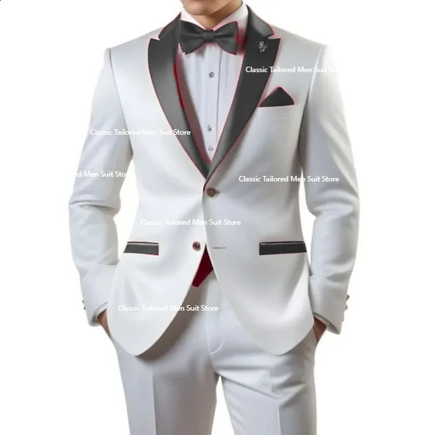 Customized White Men Suits Single Breasted Red Notch Lapel Slim Fit Male Clothing High Quality Wedding 2 Piece Jacket Pants 251023