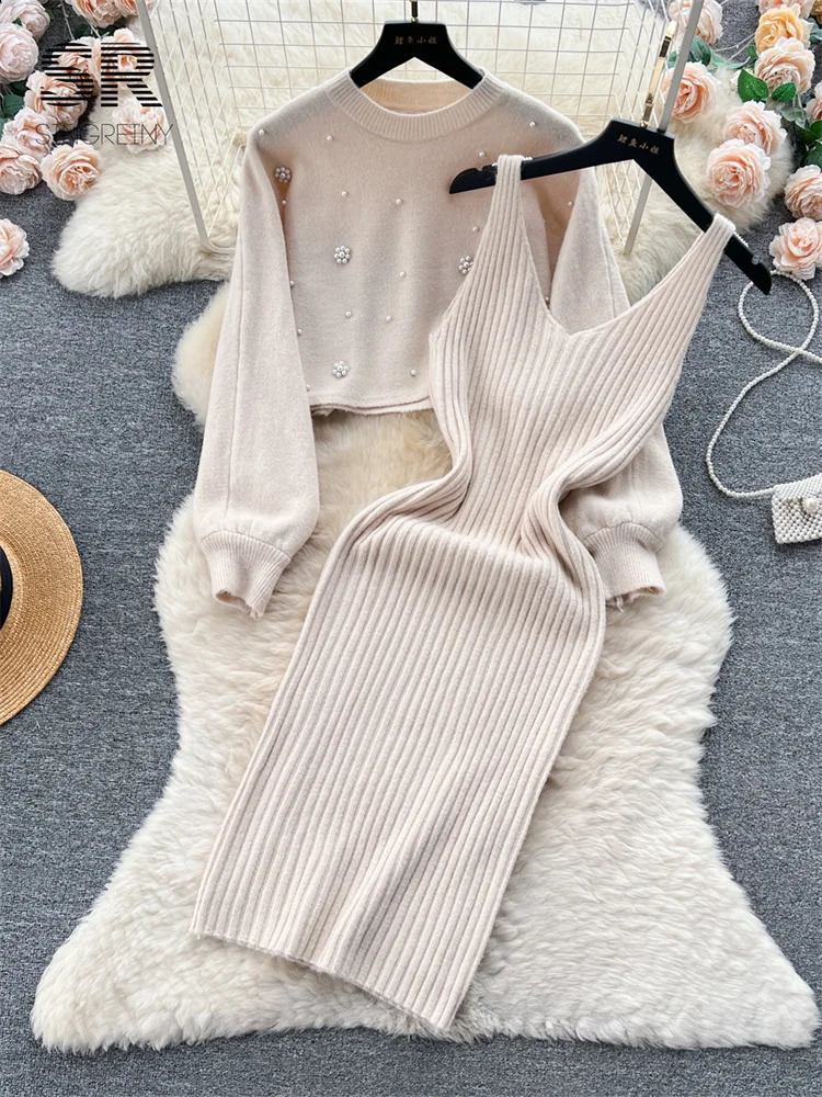 SINGREINY Beading Casual Two Piece Set Women Long Sleeve O Neck Pullover Midi Dress Fashion Winter Sweater Suit Dresses 251022