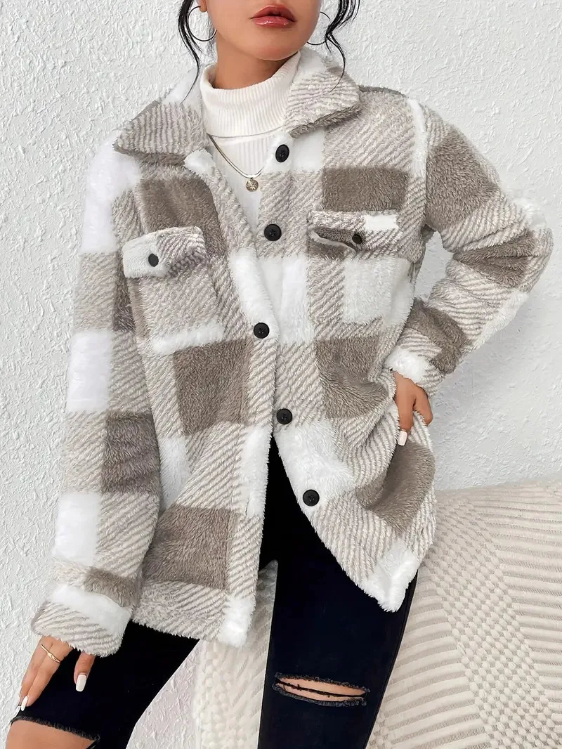 Europe and the United States autumn and winter openbutton lapel plaid coat plaid pattern button front jacket warm 251020
