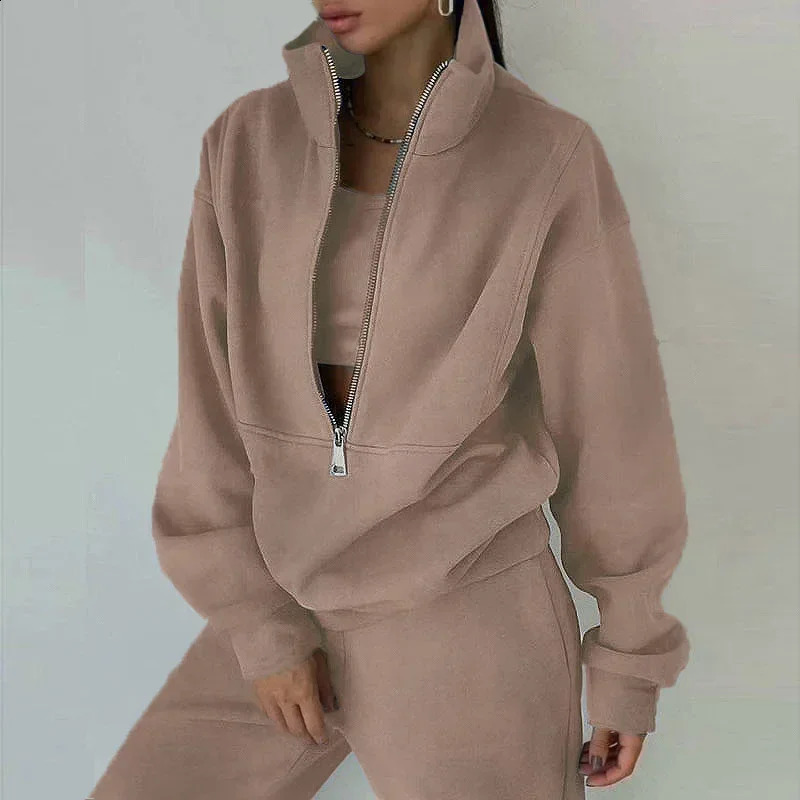 zekye Autumn And Winter Comfortable Fashion Tracksuit Set Stylish Warm Twopiece Half Open Collar Home Suit For Women 251013