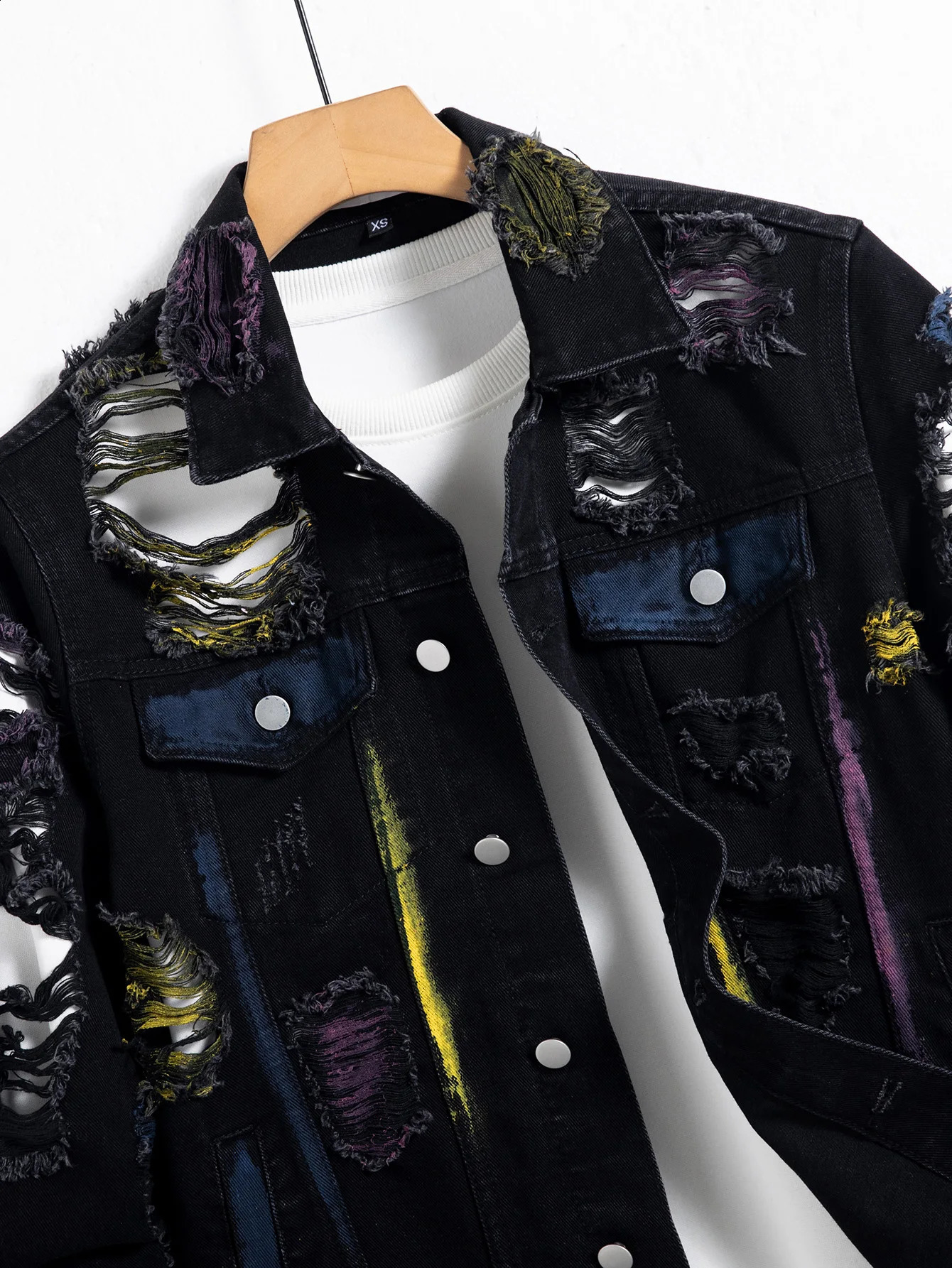 Mens black ripped denim jacket for spring and autumn Random paint splashing 251023