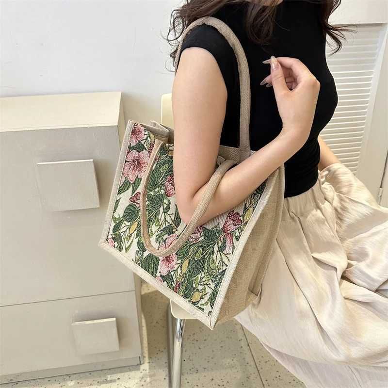 Linen Button Vintage Handbag Women Tote Large Capacity Grocery Bag Gift Bag Beach Organizer Portable Shopping Lunch Bag RetroL251023