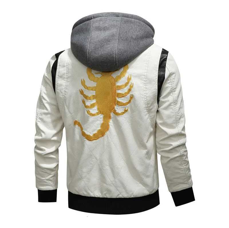 Autumn Winter Bomber Leather Jacket Men Scorpion Embroidery Hooded Jacket PU Leather Motorcycle Mens Ryan Gosling Drive Jacket W251023