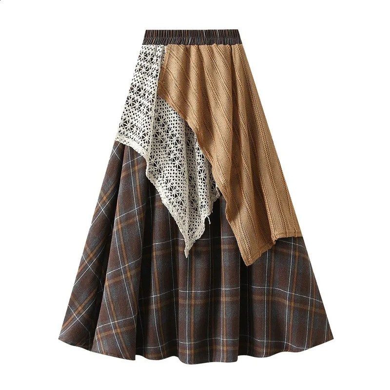DongCMY Style y Leisure Autumn Irregular Plaid Lace Splicing HighWaisted Wine Red Skirt 251022