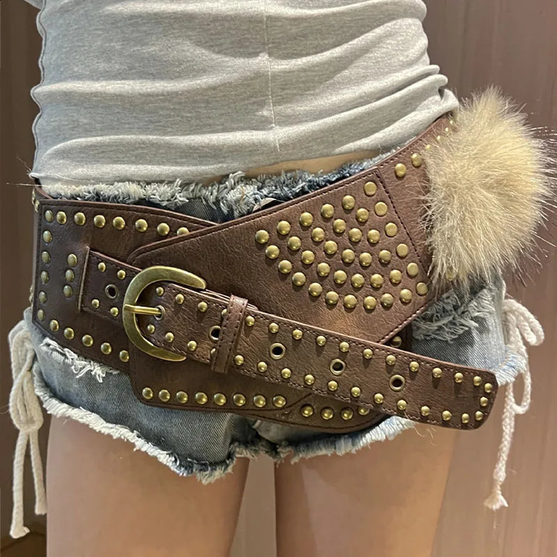 Punk Women Studded Fur Belts Vintage Cowgirl Belt Y2K Metal Pu Gothic Waist Furry Fur Waistband Bohimia for Night Club Dress 251013