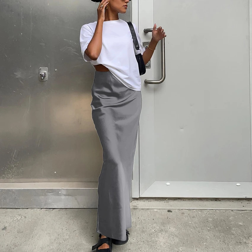 Women Fashion Satin Skirt High Waist Midi Stylish Street Versatile Chic Elegant Female 251017