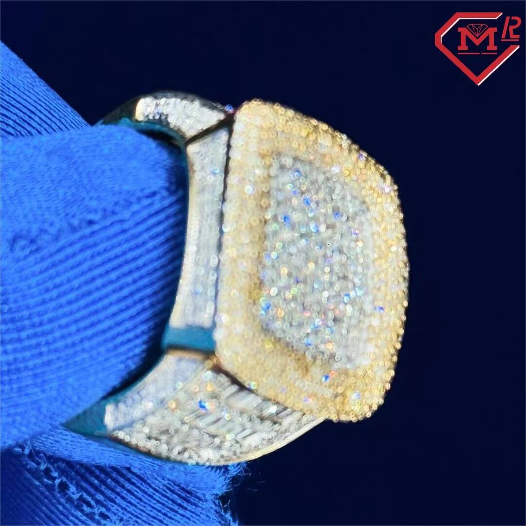 Iced Out Moissanite Ring Men 925 Silver Vvs Rapper Baguette Yellow Gold Color Solid Moissanite Ring