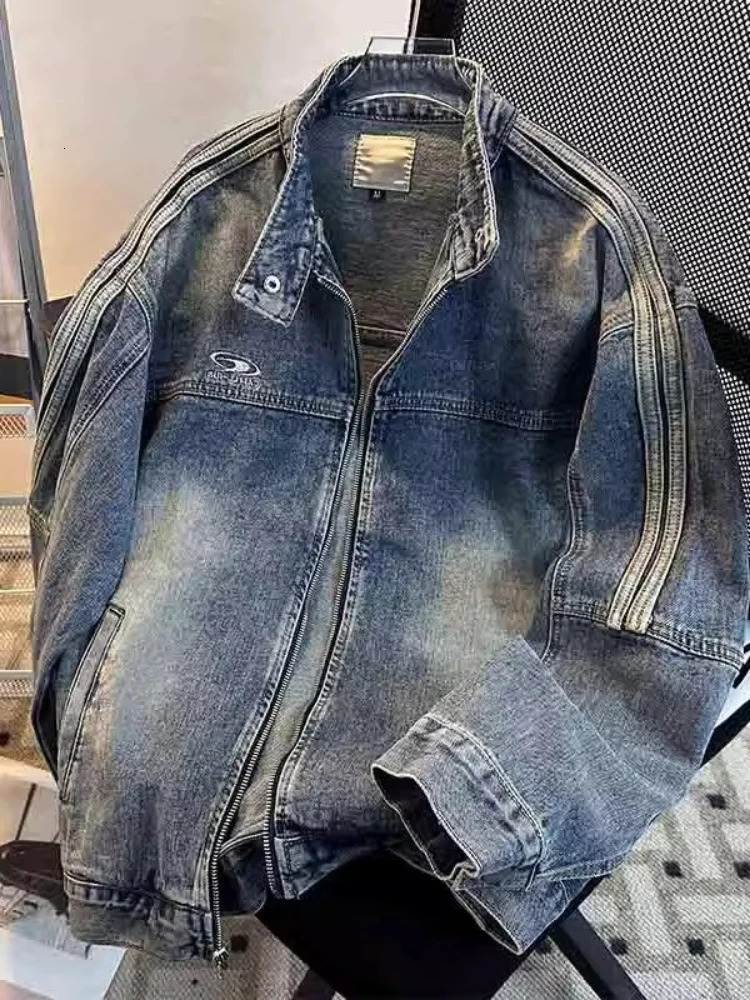 Vintage Distressed Denim Jacket Men Clean Fit Ribbed Stand Collar Long Sleeve Casual Oversized Street Edge Y2k Spring Fall Coat 251017