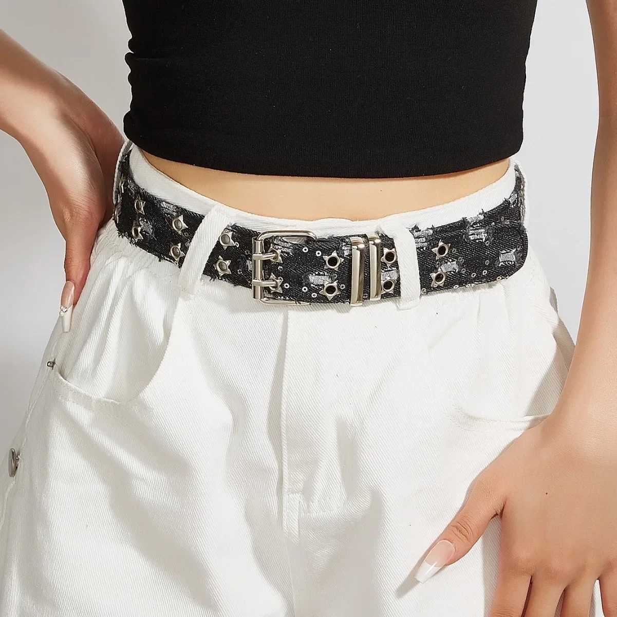 1PC New Fashion Luxury Belt Black Punk Accessories Blue Denim Girdle HipHop Y2k Star Hollowed Pin Buckle WaistbandFor Men WomenXJ251023