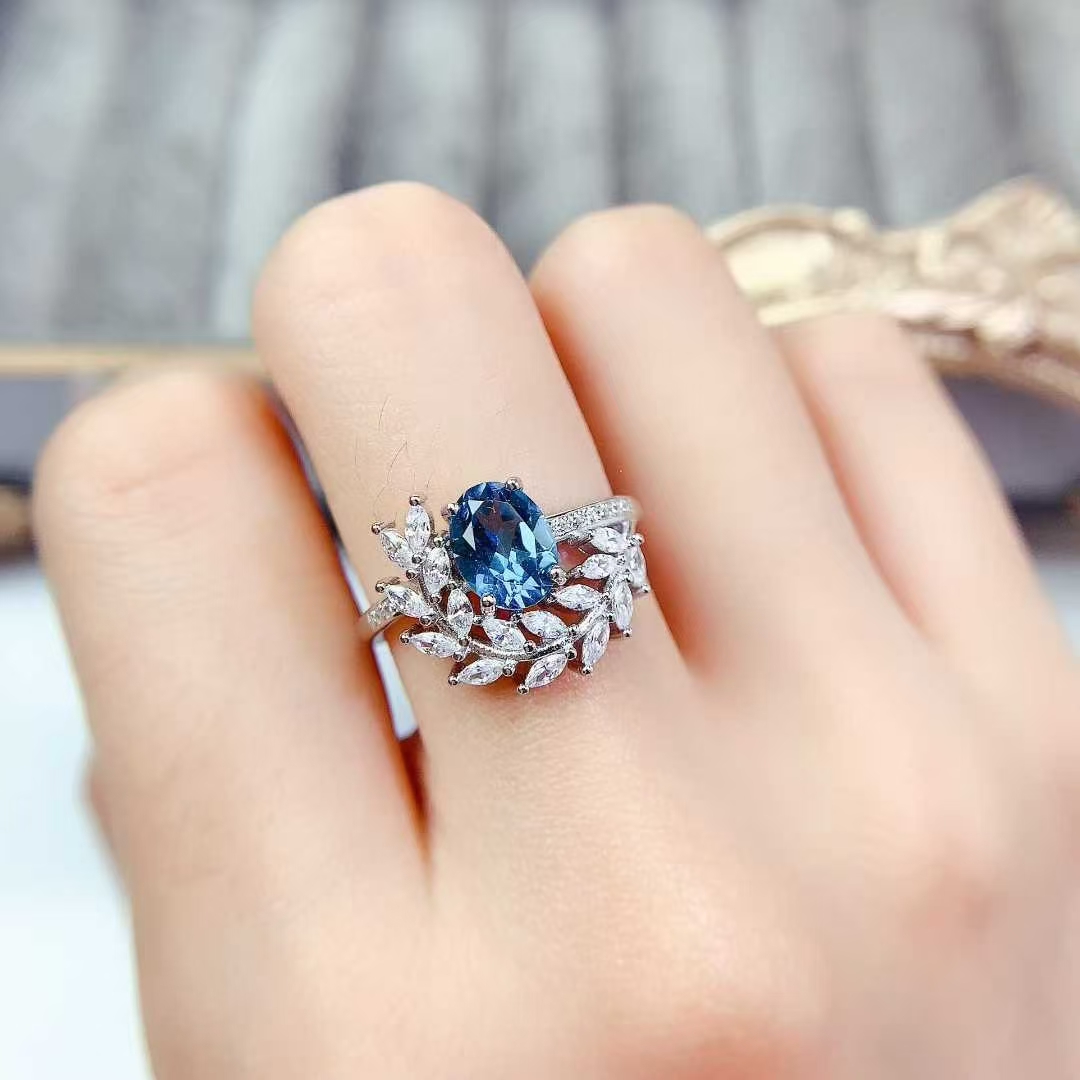 London blue topaz ring real 925 silver gemstone jewelry with 18K gold plating 6mm*8mm 1ct natural topaz silver ring with certificate
