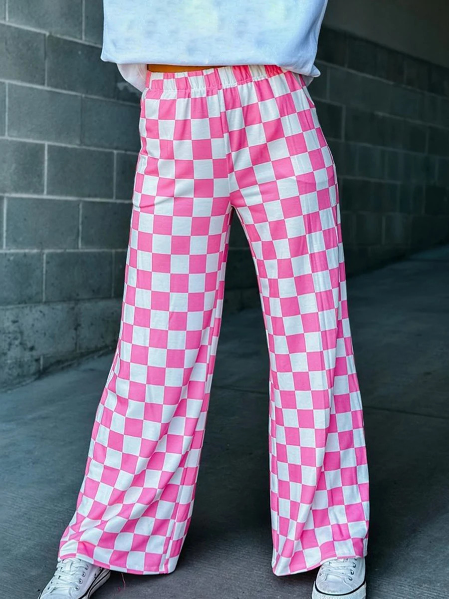 Womens Checkered Wide Leg Pants High Elastic Waisted Straight Loose Fitted LoungeTrouser Y2k Korean Streetwear 251016