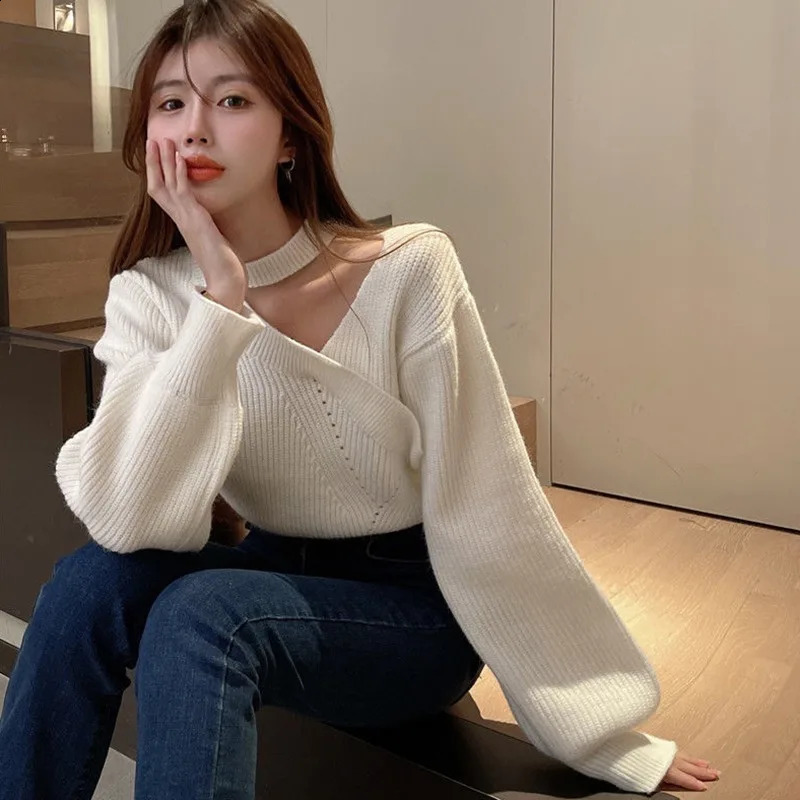 Autumn Sexy Pullovers Vneck Puff Sleeve Knit Cropped Sweaters Long Sleeved Lady Warm Off Shoulder Turtleneck Slim Jumper 251023