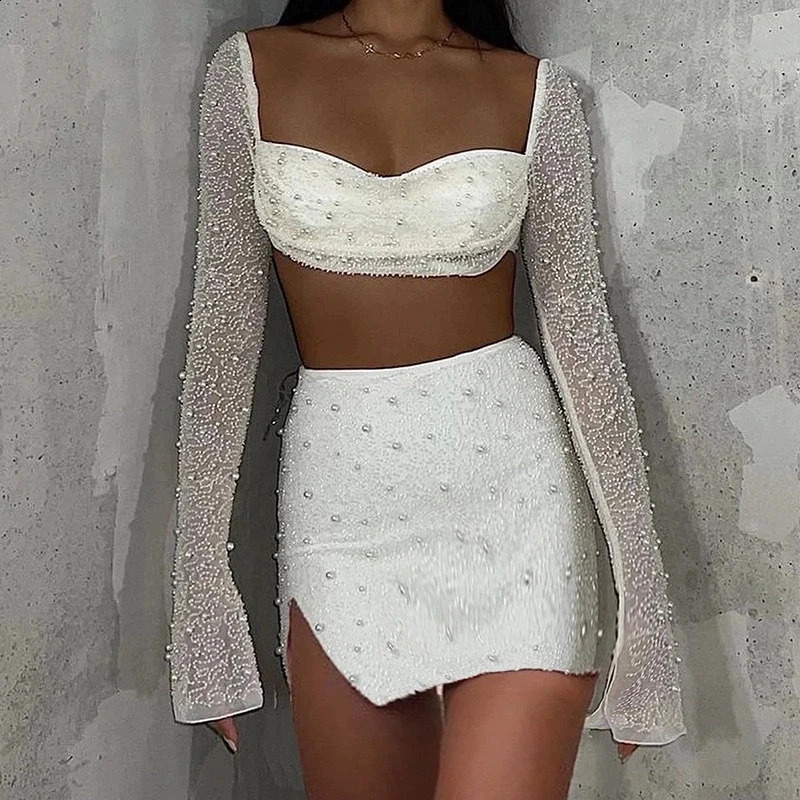 Women Fashion Split Slim Club Party Sets Elegant Beaded Solid Skirt Outfits Sexy Square Collar Crop Tops Long 2Pc Suit 251022