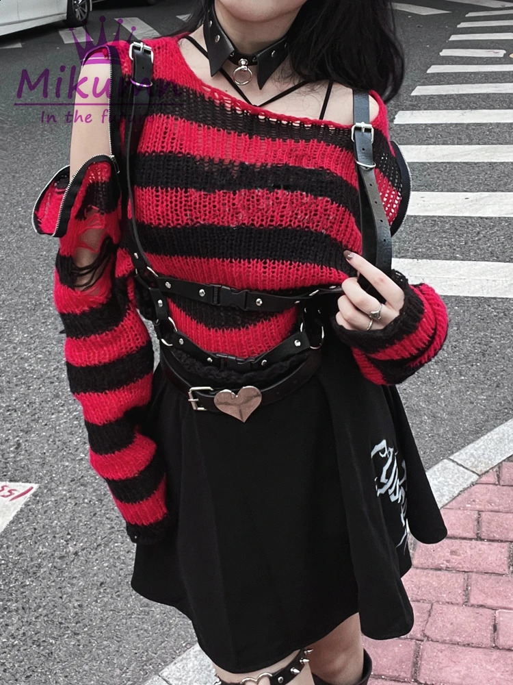 Harajuku Y2k Punk Rock Zipper Sexy Off Shoulder Sweaters Women Gothic Black Grey Red Stripes Broken Hole Loose Knitted Jumpers 251023