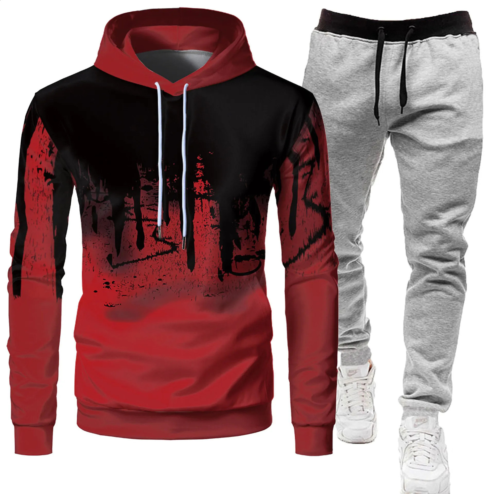Autumn and winter mens hoodie long pants twopiece set zipper hooded jacket graffiti printed sports trend fashion casual 251023