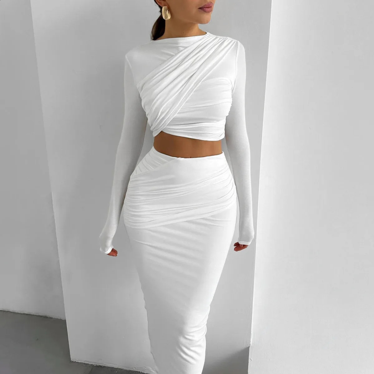 Autumn Sexy Two Pieces Set For Women Spring Solid Ruched Long Sleeve Crop Top and High Waist Bodycon Skirt Suits 251022