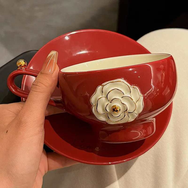 Designer Coffee Cup Camellia Bone China Luxury Mug Set Elegant Coffee Cups Pair Premium Ceramic Tea Cups Tea Coffee Mugs and Saucers Gift Sets Drinkwa