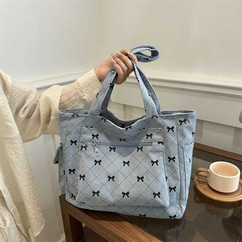 Bow Pattern Commuting Bag Corduroy Handbag Large Capacity Women Tote Bag Multipockets Fashion Shoulder Bag Casual Underarm BagsL251023