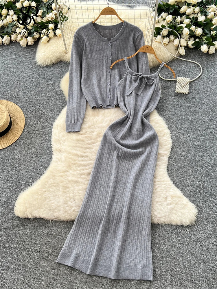 SINGREINY Autumn Elegant OL Women Suits Long Sleeve Single Breasted TopsSleeveless Strap Bodycon Dress Knit Solid Sweater Sets 251020