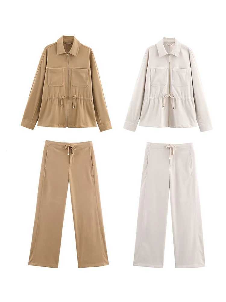 HH Women Long Sleeves Belt Lapel Zipper Pocket CoatHigh Waist Elastic Waist Drawstring Wide Leg Pants Autumn Chic 2Piece SetT251022