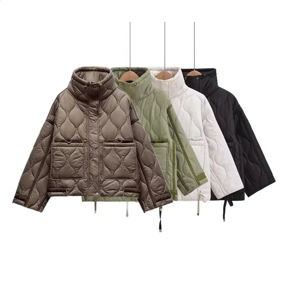 PBZA Winter Womens Clothing Style Simple Loose Warm Windproof Stand up Collar Lightweight Cotton Jacket 251021