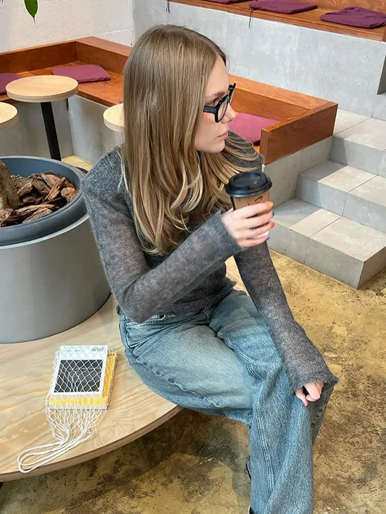 Fashion Solid Round Neck Thin Knitted Sweater Elegant Long Sleeve Bodycon Pullover Autumn Lady Commuting Street Outwear 251027