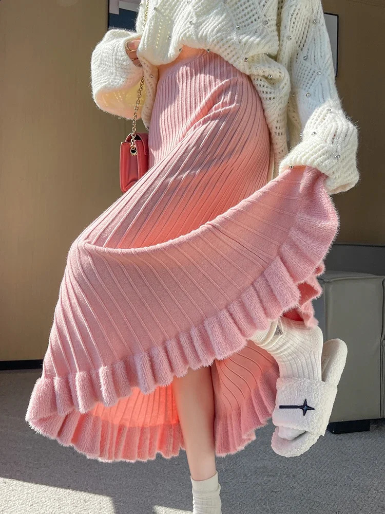 Womens Pink HighWaisted Knitted Skirt Solid Color ALine MidLength Pleated Fashion Autumn Winter 251022