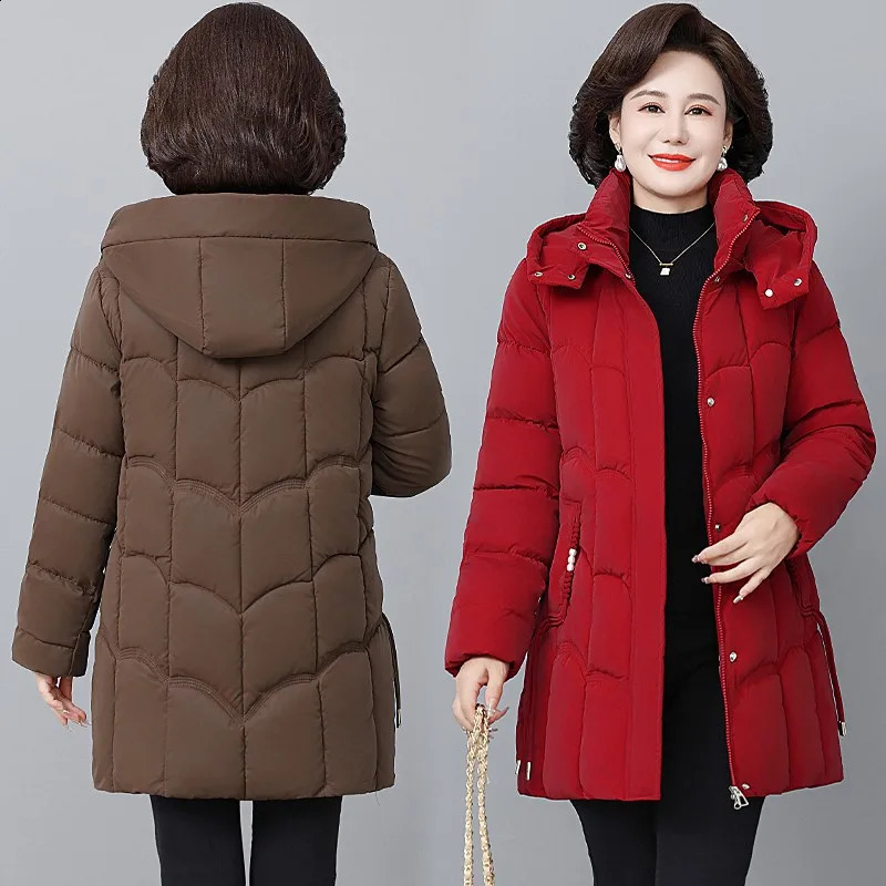 Womens Winter Thickened Jackets Down Cotton Parkas Hooded Quilted Long Pockets coat Middle aged Female Overcoat 251022