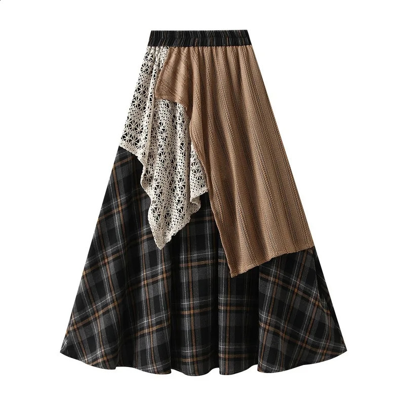 DongCMY Style y Leisure Autumn Irregular Plaid Lace Splicing HighWaisted Wine Red Skirt 251022