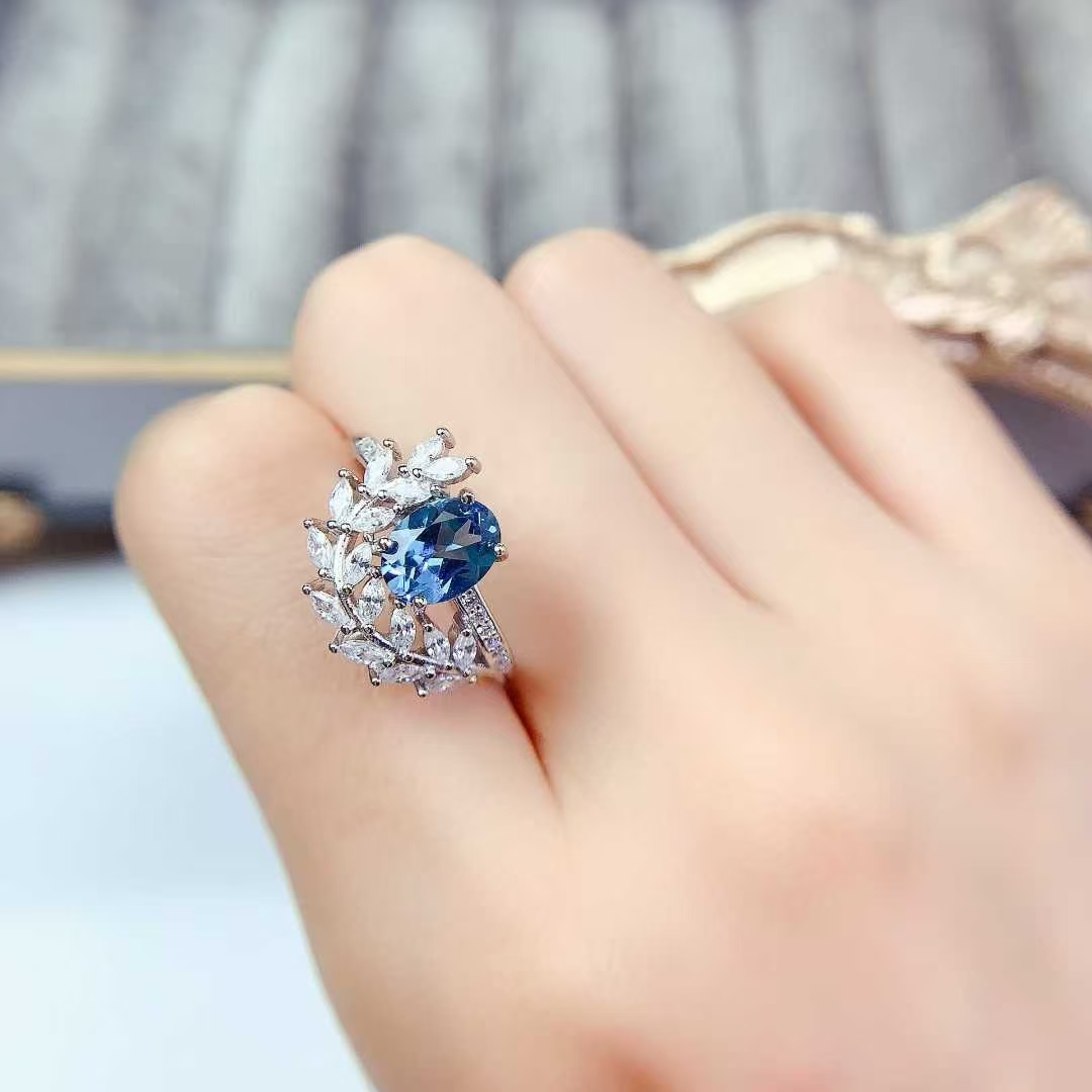 London blue topaz ring real 925 silver gemstone jewelry with 18K gold plating 6mm*8mm 1ct natural topaz silver ring with certificate