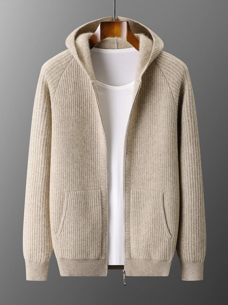Men Hooded Zippers Cardigan Sweater 100 Merino Wool Knitwear Jacquard Raglan Sleeve Thicken Casual Cashmere Autumn Winter Coat 251023