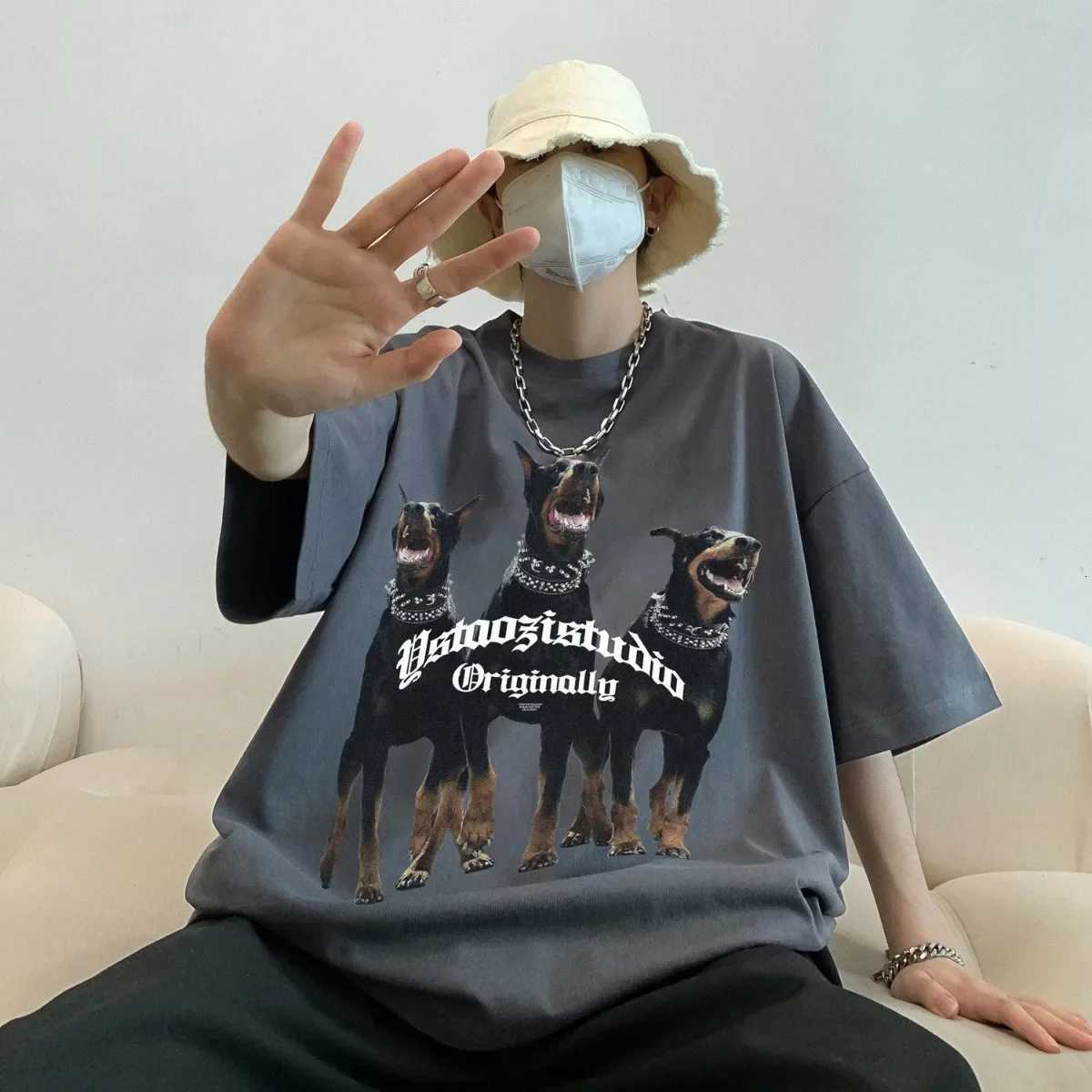 American Hiphop Creative Dog Print Short Sleeved Men and Women Ins Summer Cotton Loose Fitting Couple Half Sleeved Top ClothesXJ251023