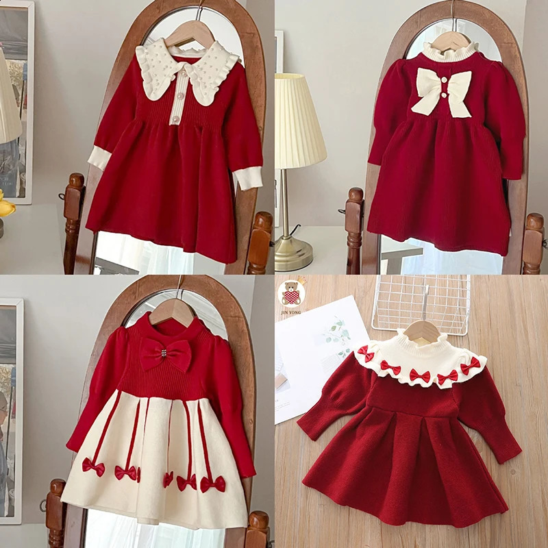 Christmas Party Dres Autumn Winter Girls Party Cute Wear Bow Decoration Princess Dress Christmas Kids Fashion Sweet Clothes 251022
