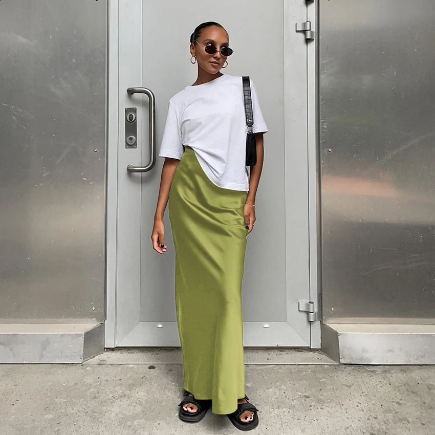 Women Fashion Satin Skirt High Waist Midi Stylish Street Versatile Chic Elegant Female 251017