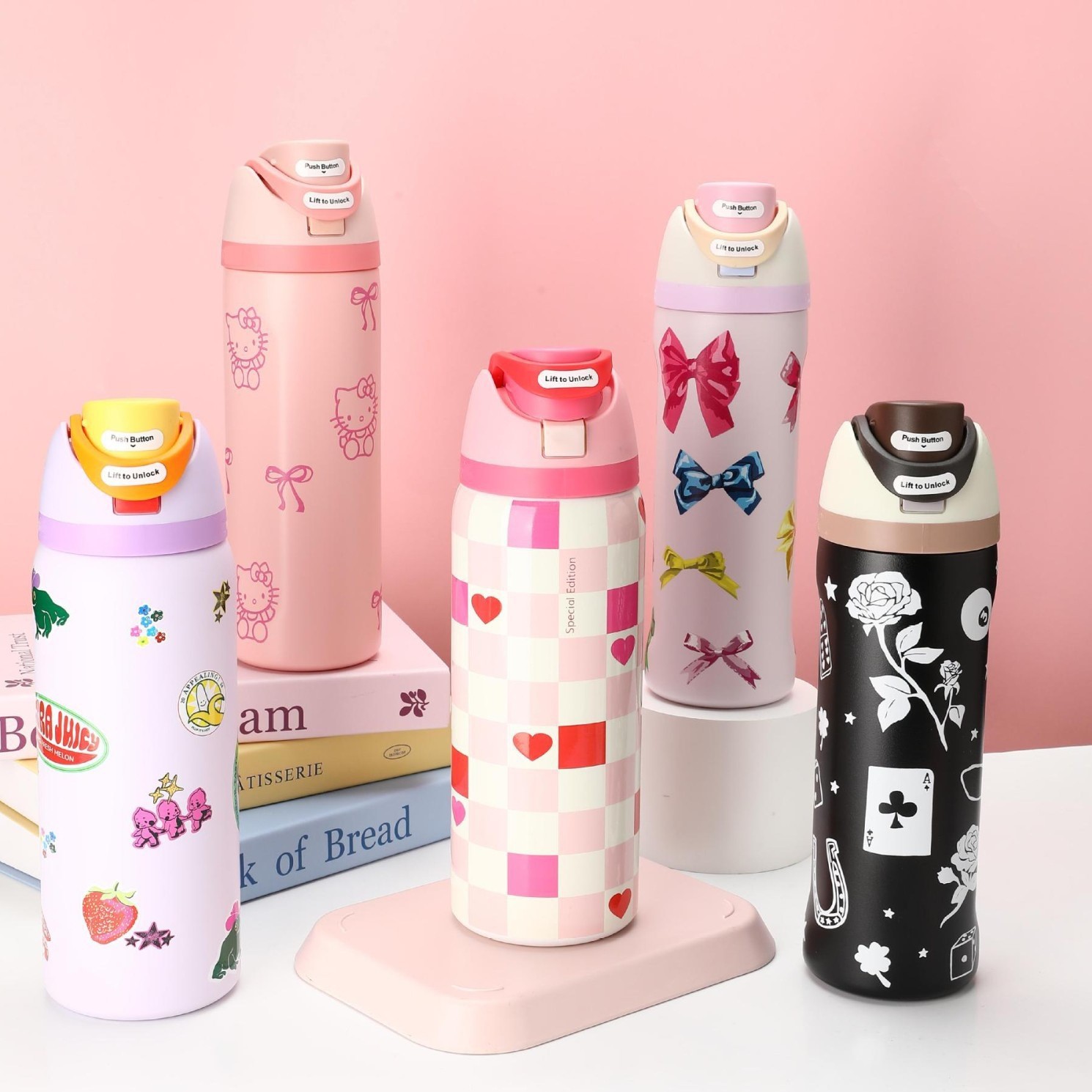 24oz 32oz Cat Insulated Stainless Steel Water Bottles With Flip Straw Stainless Steel Tumblers Thermal Outdoor Travel Car Mugs Sports Cold Coffee Cups