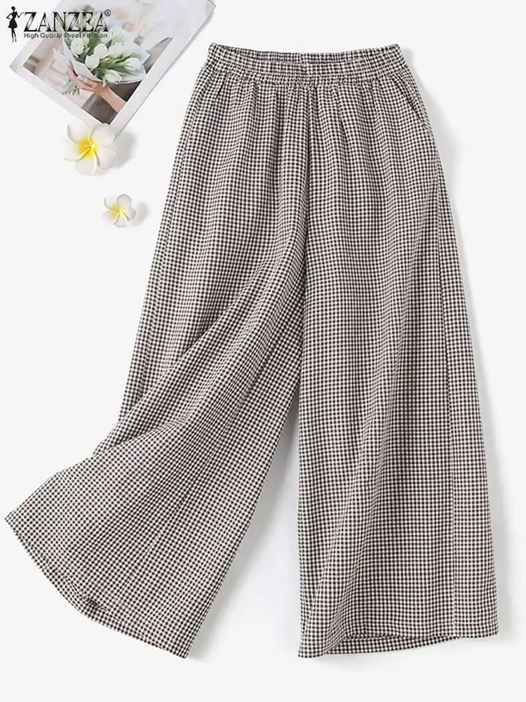 Vintage Checked Pants ZANZEA Women Stylish Wide Leg Pant Elegant High Waist Office Trousers Casual Loose Grid Pantalon Oversize 251016