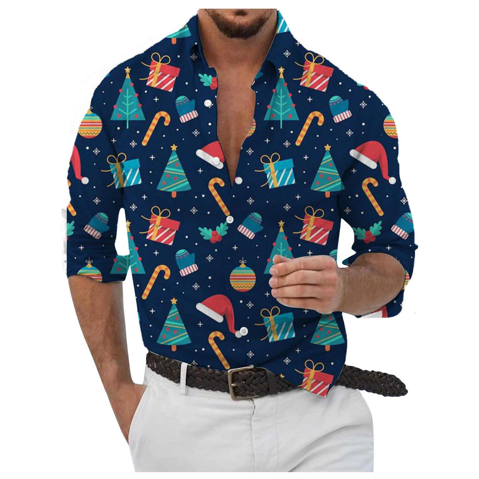 Mens Christmas Elements Casual Shirts 3D Print Jingle Bell Graphic Long Sleeve Shirt Loose Comfortable TurnDown Collar Clothes 251016