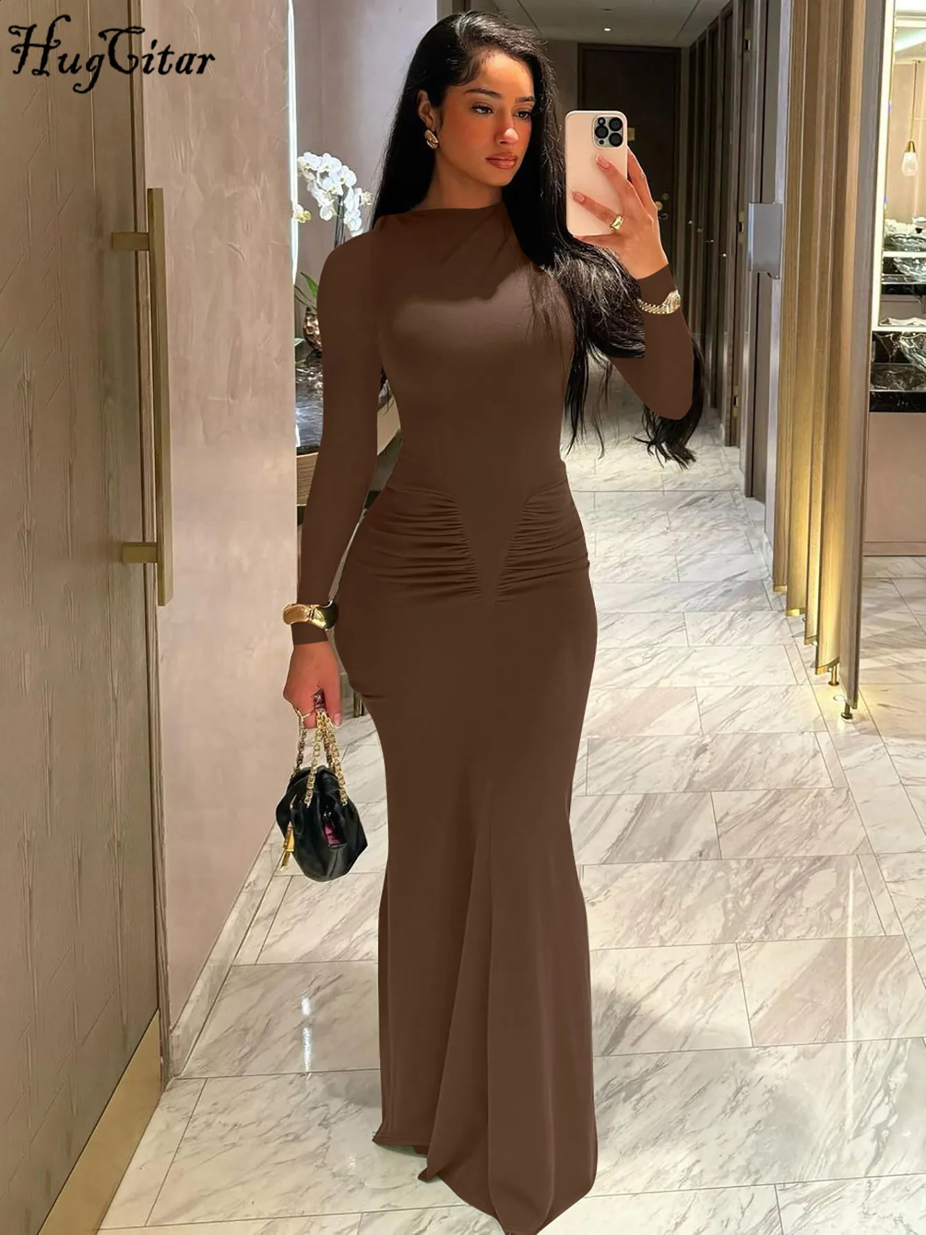 Hugcitar Autumn Solid Long Sleeve Draped Sexy Bodycon Maxi Prom Dress Women Fashion Y2K Outfits Evening Party Festival Club 251022